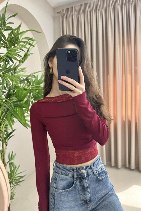 LACE DETAILS ONE COLOR WOMEN SWEATSHIRT BURGUNDY/VISHNJE - 5