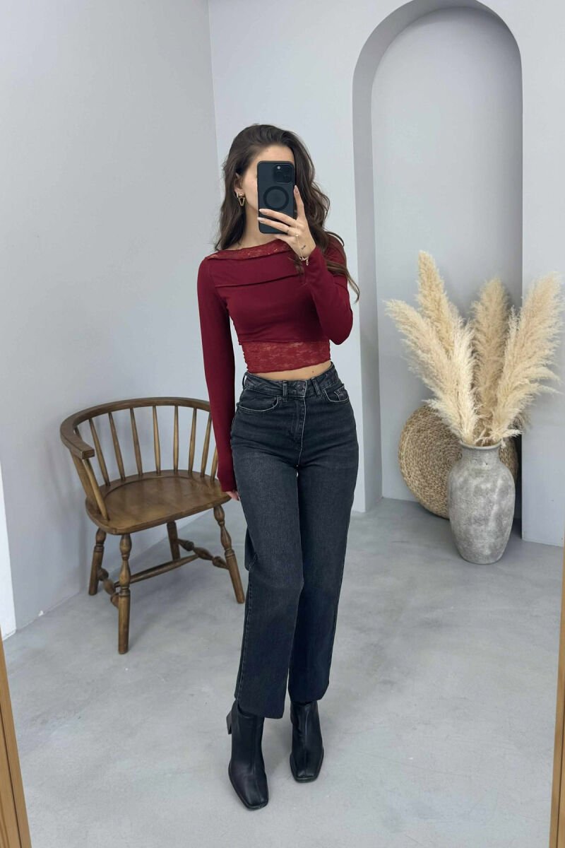 LACE DETAILS ONE COLOR WOMEN SWEATSHIRT BURGUNDY/VISHNJE - 1