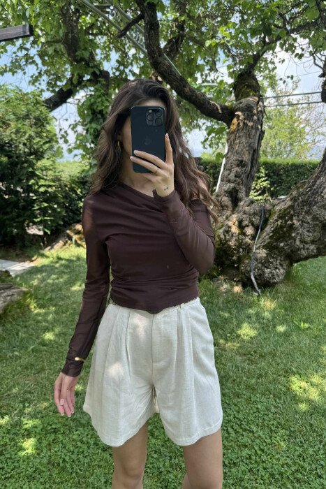 LACE SLEEVES ONE COLOR WOMEN T-SHIRT DARK BROWN/KAE - 6