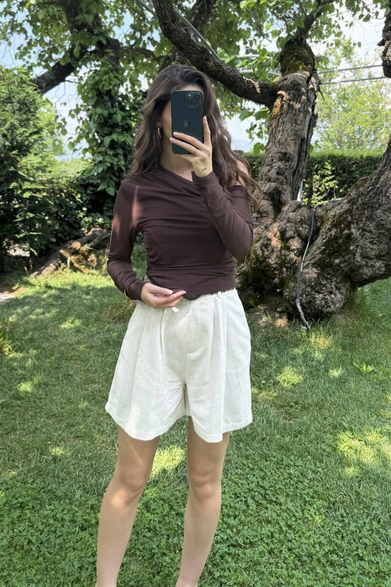 LACE SLEEVES ONE COLOR WOMEN T-SHIRT DARK BROWN/KAE - 7