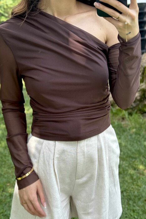 LACE SLEEVES ONE COLOR WOMEN T-SHIRT DARK BROWN/KAE - 8