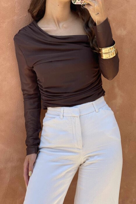 LACE SLEEVES ONE COLOR WOMEN T-SHIRT DARK BROWN/KAE - 2
