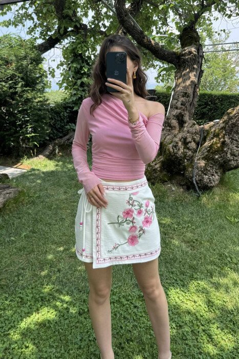 LACE SLEEVES ONE COLOR WOMEN T-SHIRT PINK/ROZE - 2