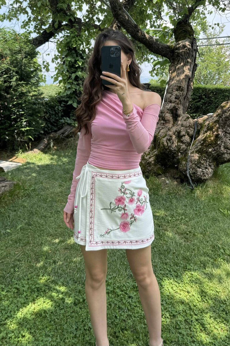 LACE SLEEVES ONE COLOR WOMEN T-SHIRT PINK/ROZE - 1