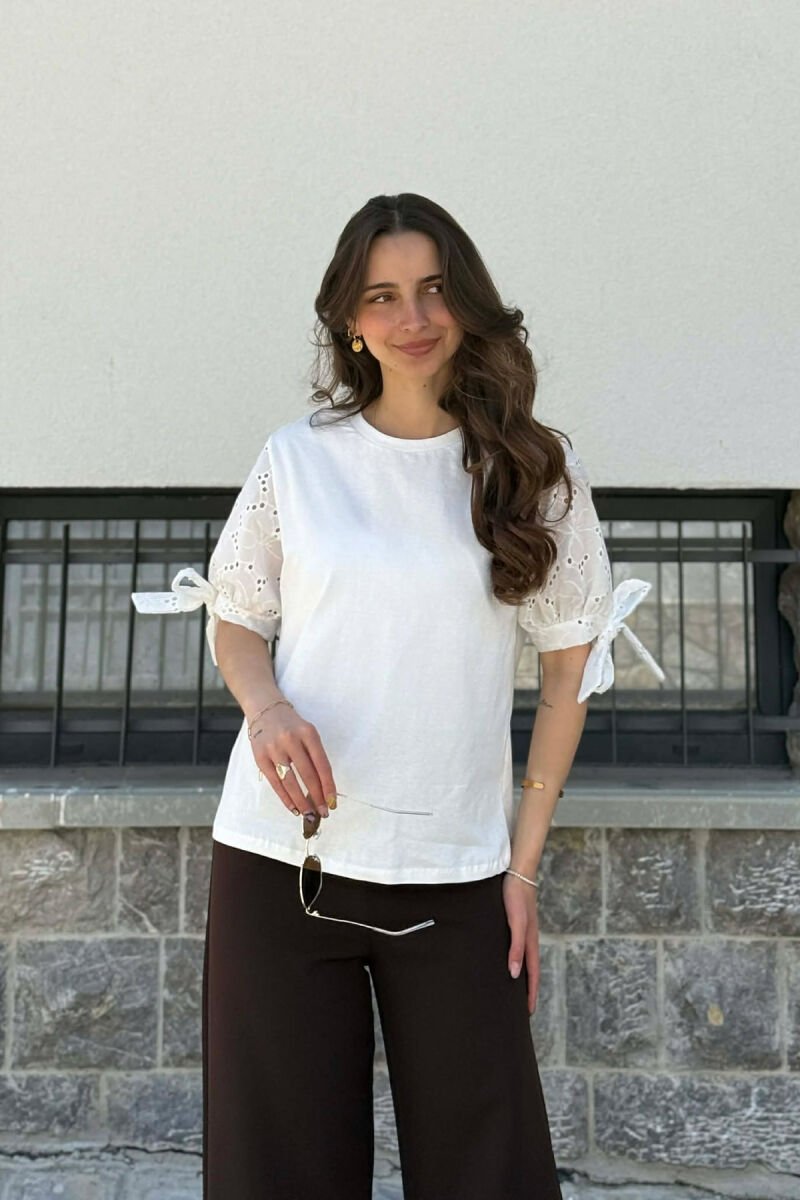 LACE TRIM DETAILS ONE COLOR WOMAN T-SHIRT WHITE-E BARDHE - 1