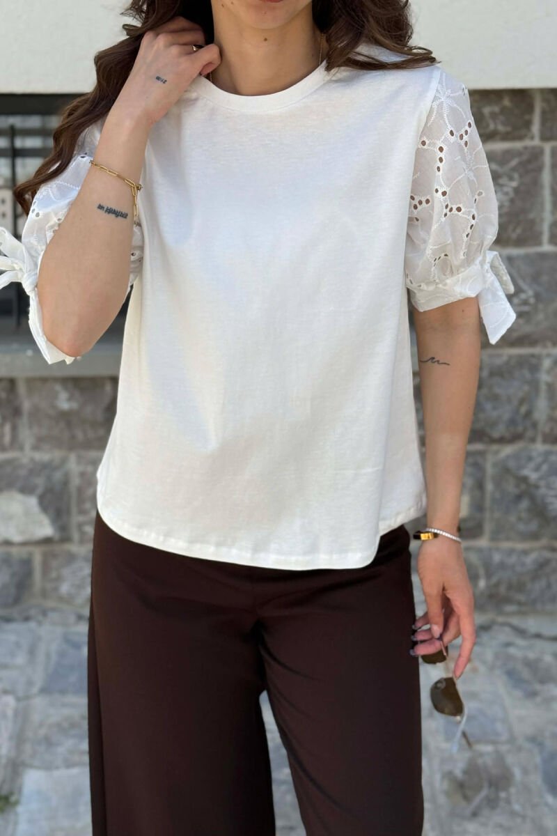 LACE TRIM DETAILS ONE COLOR WOMAN T-SHIRT WHITE-E BARDHE - 2