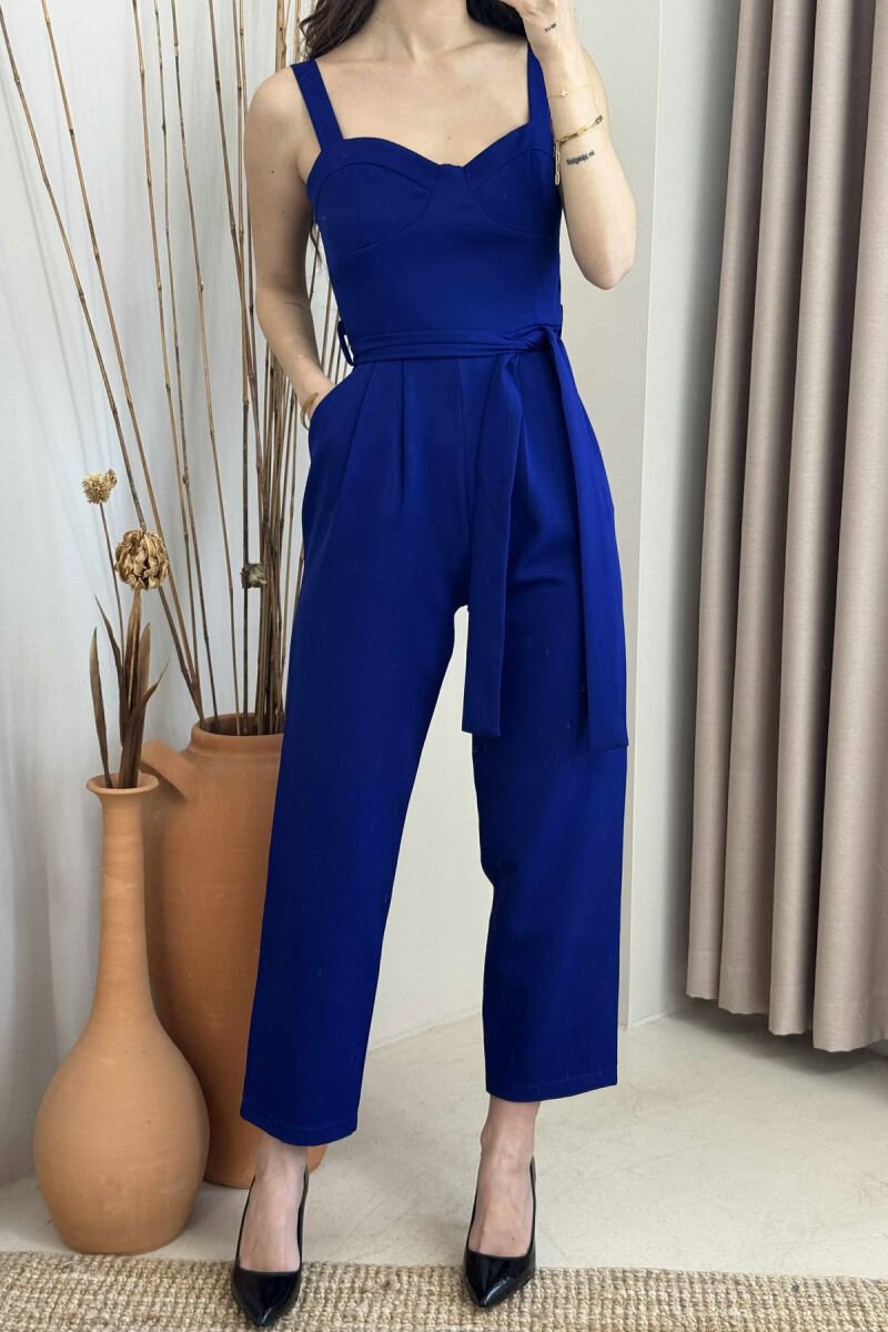 LACING BELT DETAIL ONE COLOR WOMEN JUMPSUIT DARK BLUE/BEE - 2