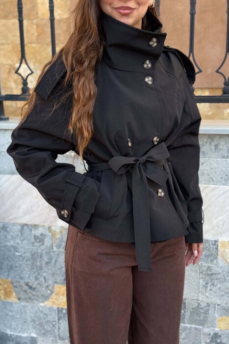 LACING BELT ONE COLOR BUTTONED WOMEN JACKET BLACK/ E ZEZE - 3