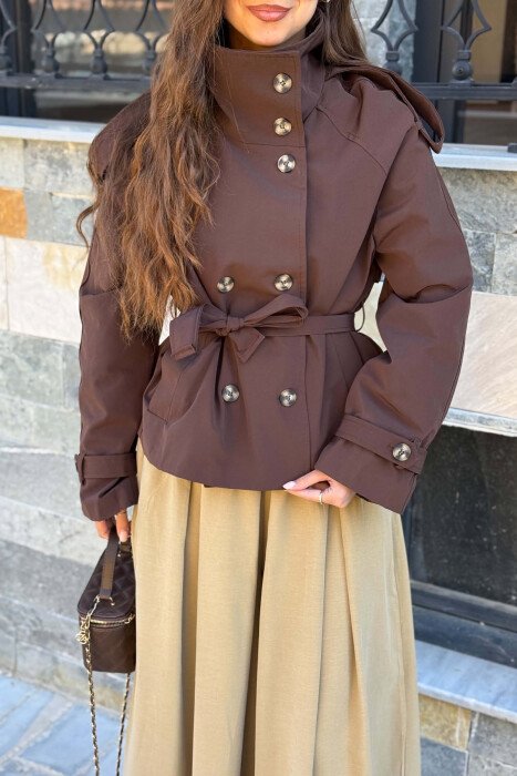 LACING BELT ONE COLOR BUTTONED WOMEN JACKET BROWN/KAFE - 2
