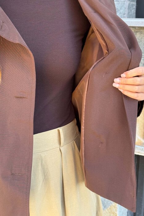 LACING BELT ONE COLOR BUTTONED WOMEN JACKET BROWN/KAFE - 4