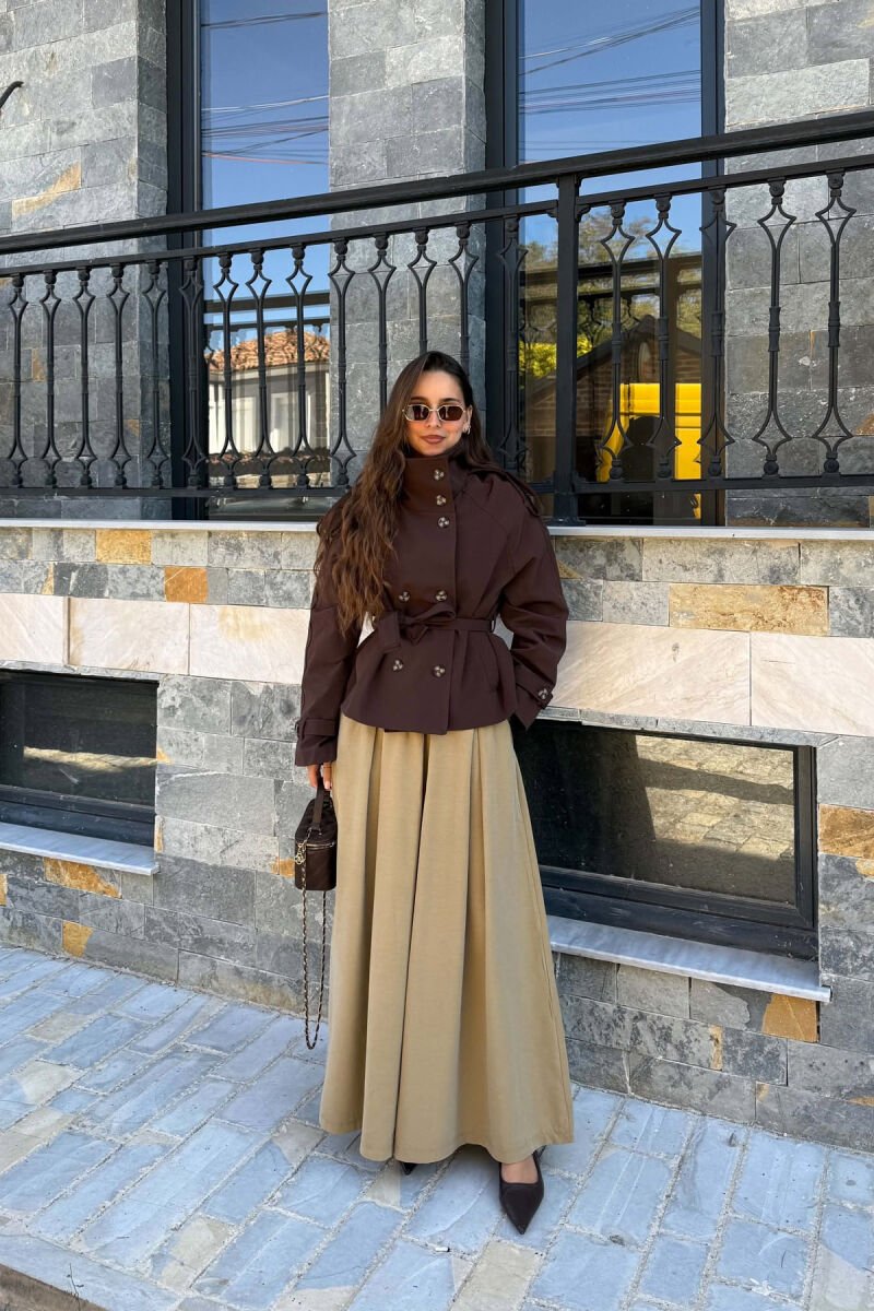 LACING BELT ONE COLOR BUTTONED WOMEN JACKET BROWN/KAFE - 5