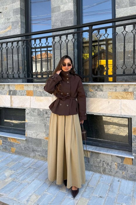 LACING BELT ONE COLOR BUTTONED WOMEN JACKET BROWN/KAFE - 6