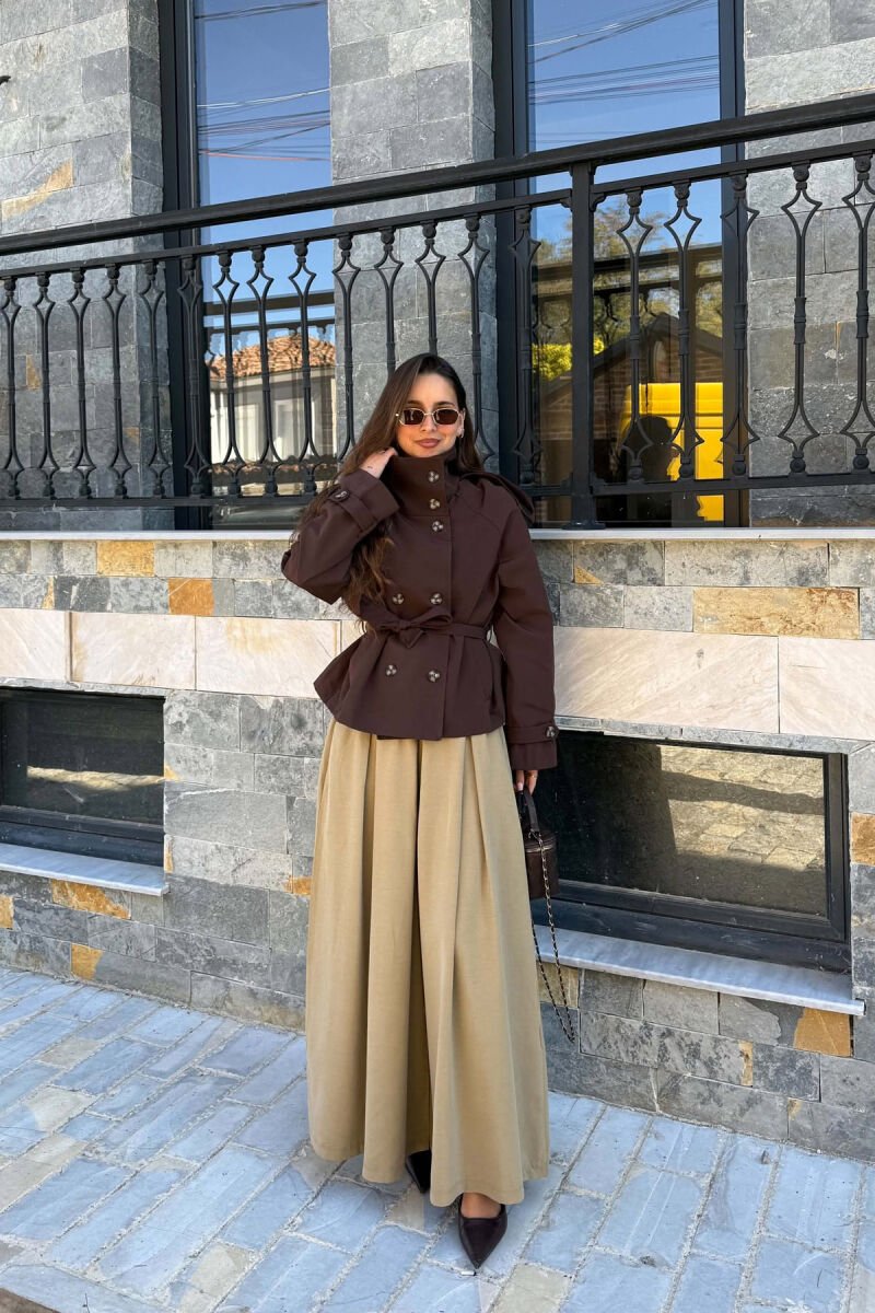 LACING BELT ONE COLOR BUTTONED WOMEN JACKET BROWN/KAFE - 6