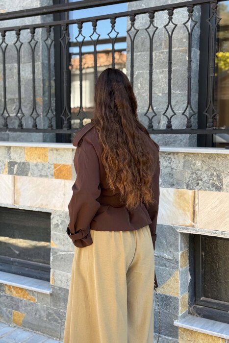 LACING BELT ONE COLOR BUTTONED WOMEN JACKET BROWN/KAFE - 7