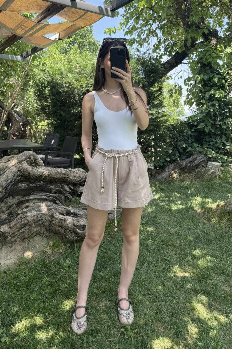 LACING BELT ONE COLOR WOMEN SHORTS LIGHT BROWN/KAZB - 1