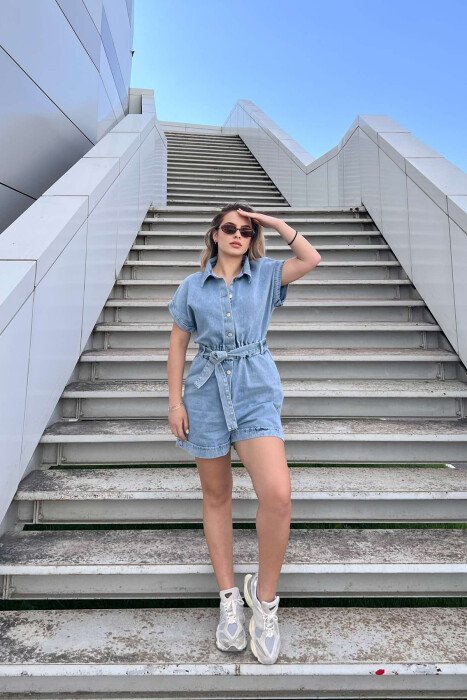 LACING BUTTONS DENIM WOMEN JUMPSUIT LIGHTBLUE/BZ - KLAUDIO FASHION