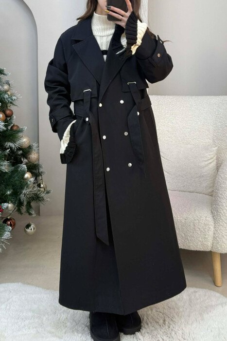 LACING DETAIL BUTTONED LONG WOMEN JACKET BLACK/ E ZEZE 