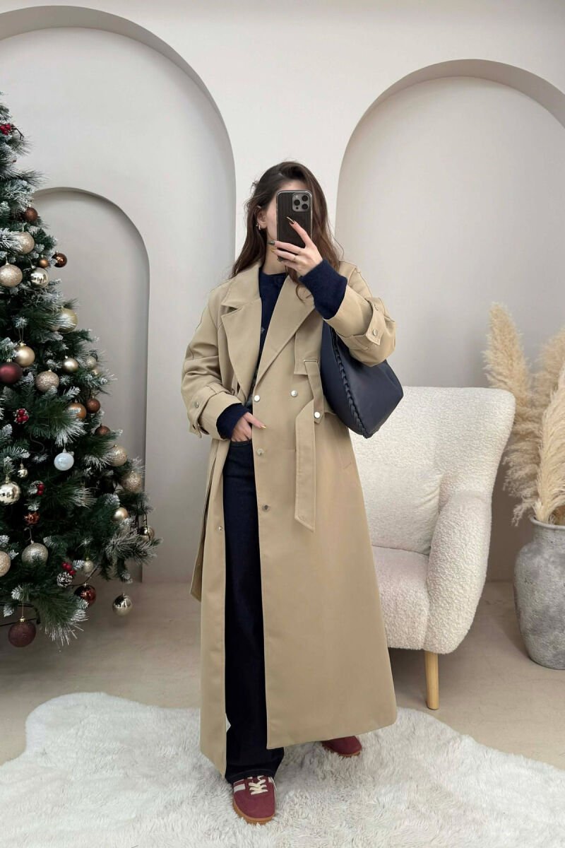 LACING DETAIL BUTTONED LONG WOMEN JACKET DARK BEIGE/BEZHE ERRET - 2
