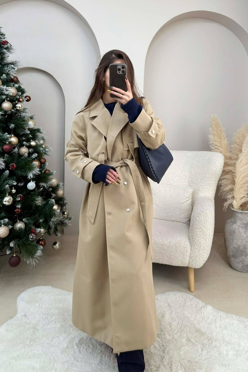 LACING DETAIL BUTTONED LONG WOMEN JACKET DARK BEIGE/BEZHE ERRET - 1