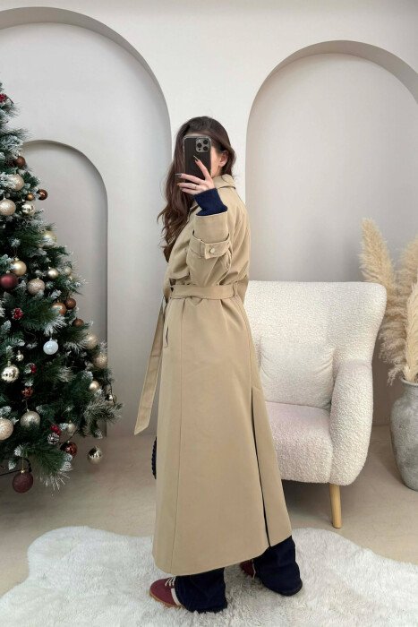 LACING DETAIL BUTTONED LONG WOMEN JACKET DARK BEIGE/BEZHE ERRET - 4