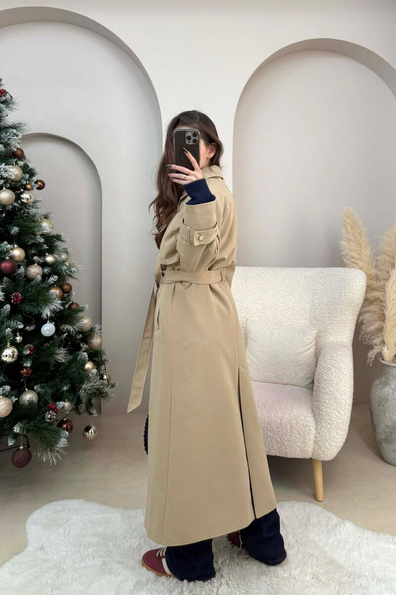 LACING DETAIL BUTTONED LONG WOMEN JACKET DARK BEIGE/BEZHE ERRET - 4