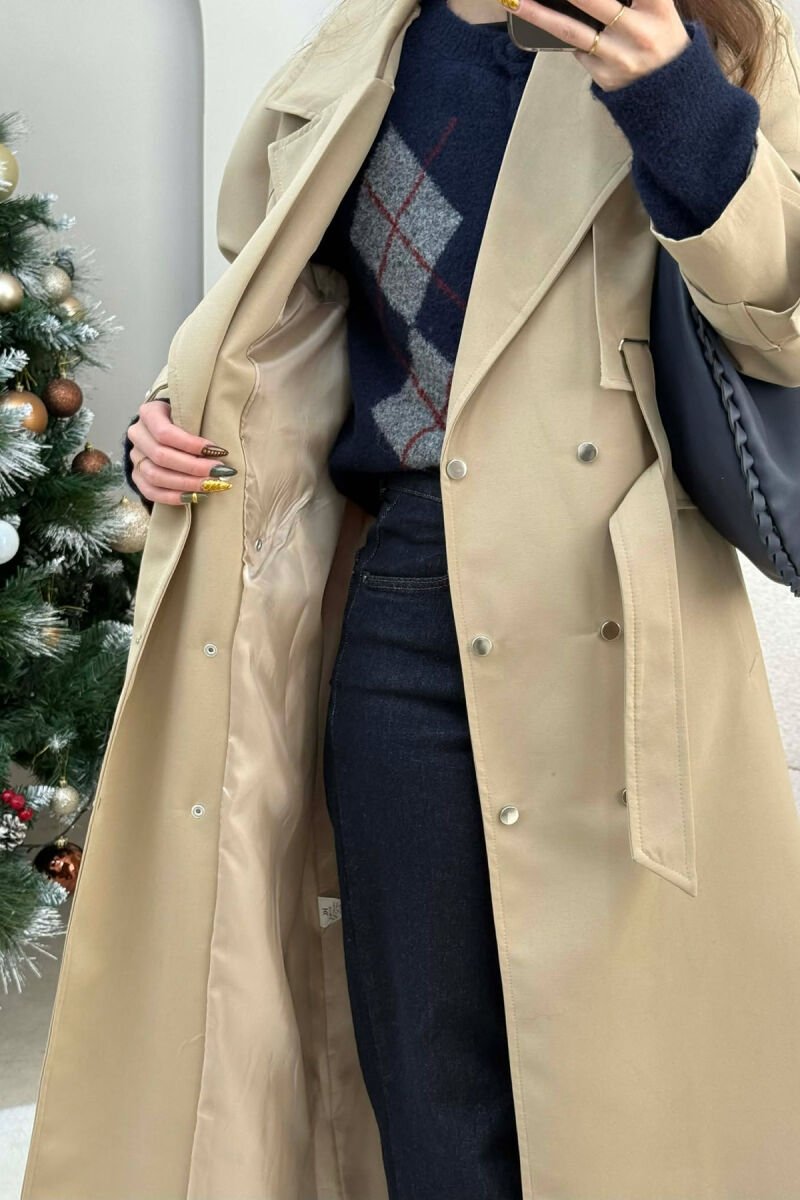 LACING DETAIL BUTTONED LONG WOMEN JACKET DARK BEIGE/BEZHE ERRET - 3