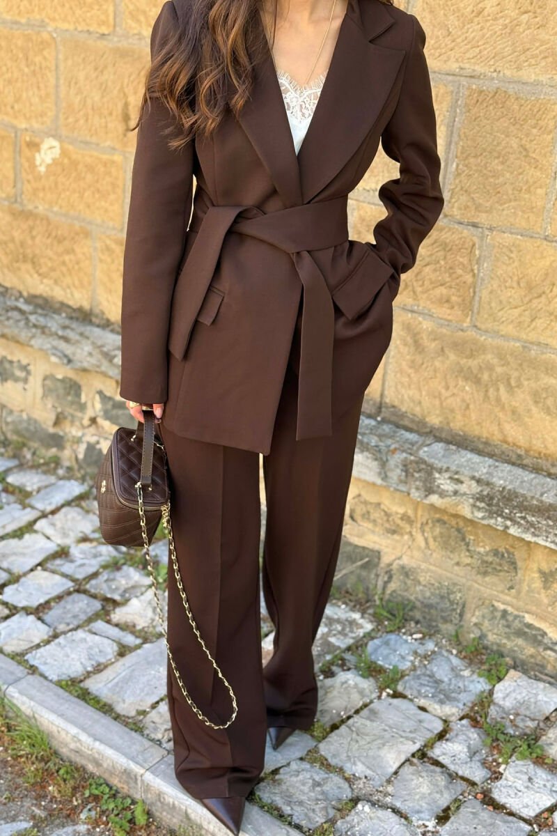 LACING DETAIL CLASSIC JACKET + TROUSERS WOMAN SET BROWN/KAFE - 2