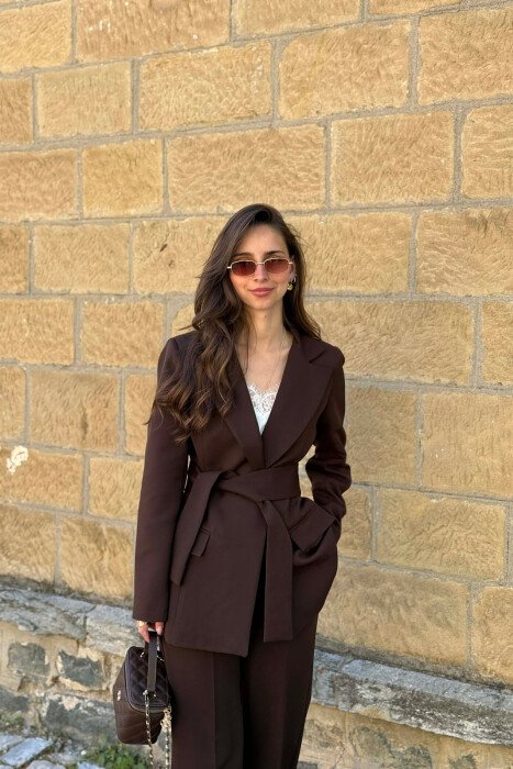LACING DETAIL CLASSIC JACKET + TROUSERS WOMAN SET BROWN/KAFE - 3