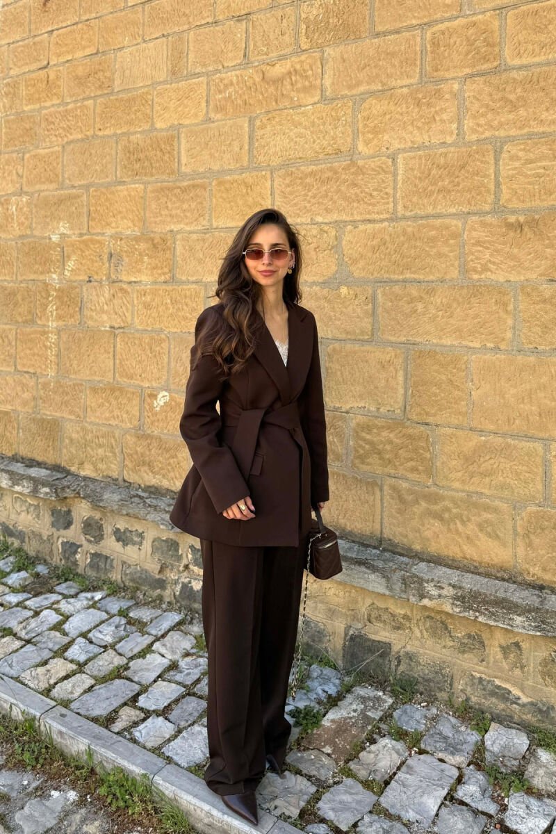 LACING DETAIL CLASSIC JACKET + TROUSERS WOMAN SET BROWN/KAFE - 4
