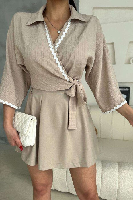 LACING DETAIL CROPPED WOMEN SHIRT BEIGE/BEZHE - 1