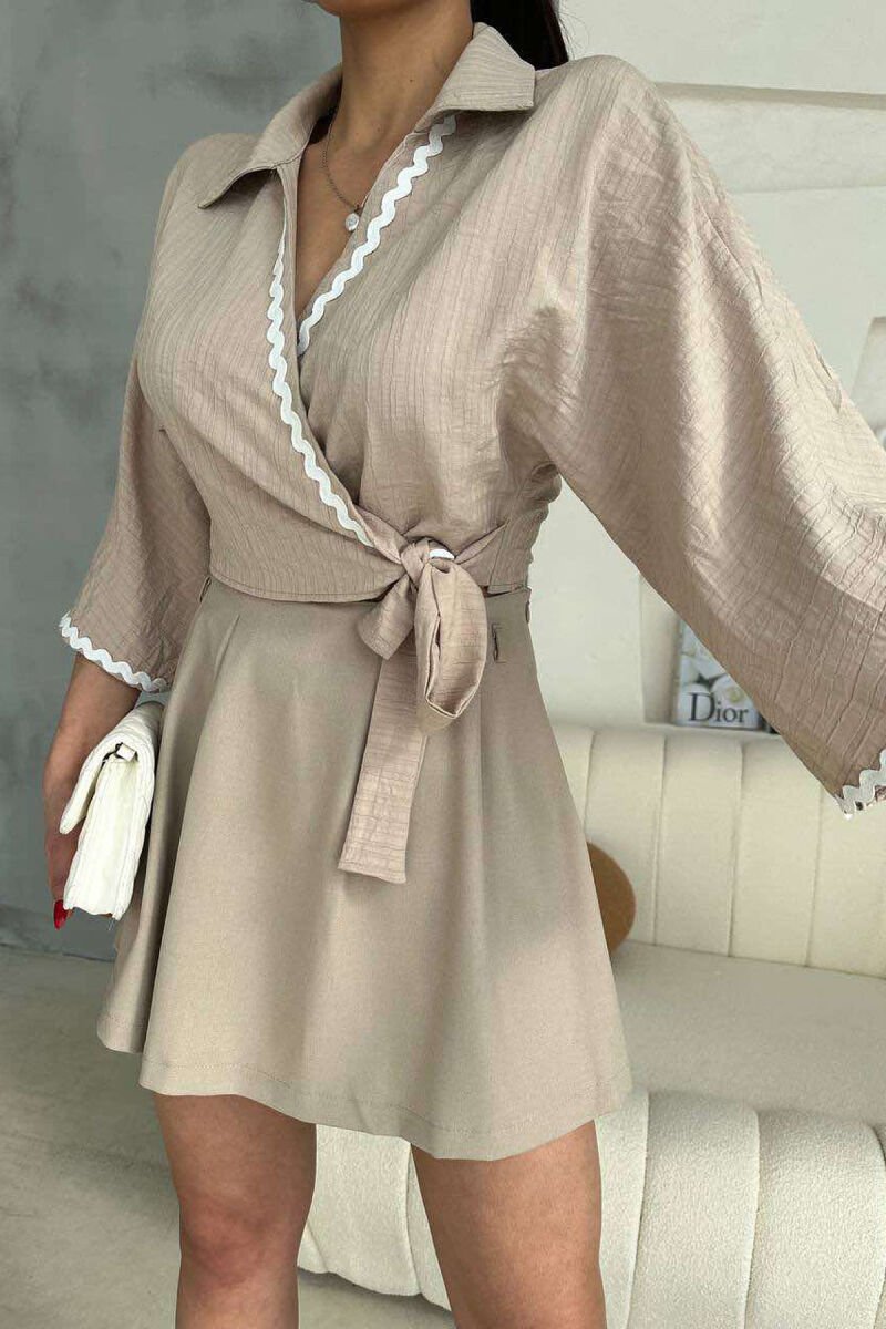 LACING DETAIL CROPPED WOMEN SHIRT BEIGE/BEZHE - 2