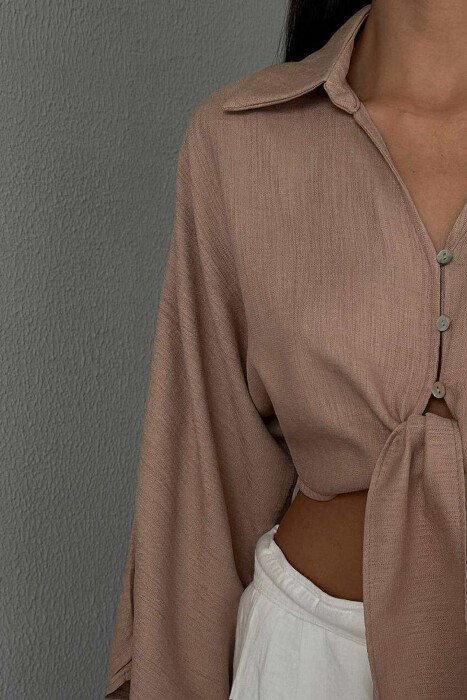 LACING DETAIL CROPPED WOMEN SHIRT BROWN/KAFE - 3