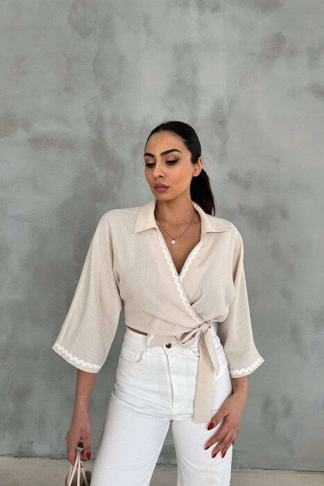 LACING DETAIL CROPPED WOMEN SHIRT CREAM/KREM - 3