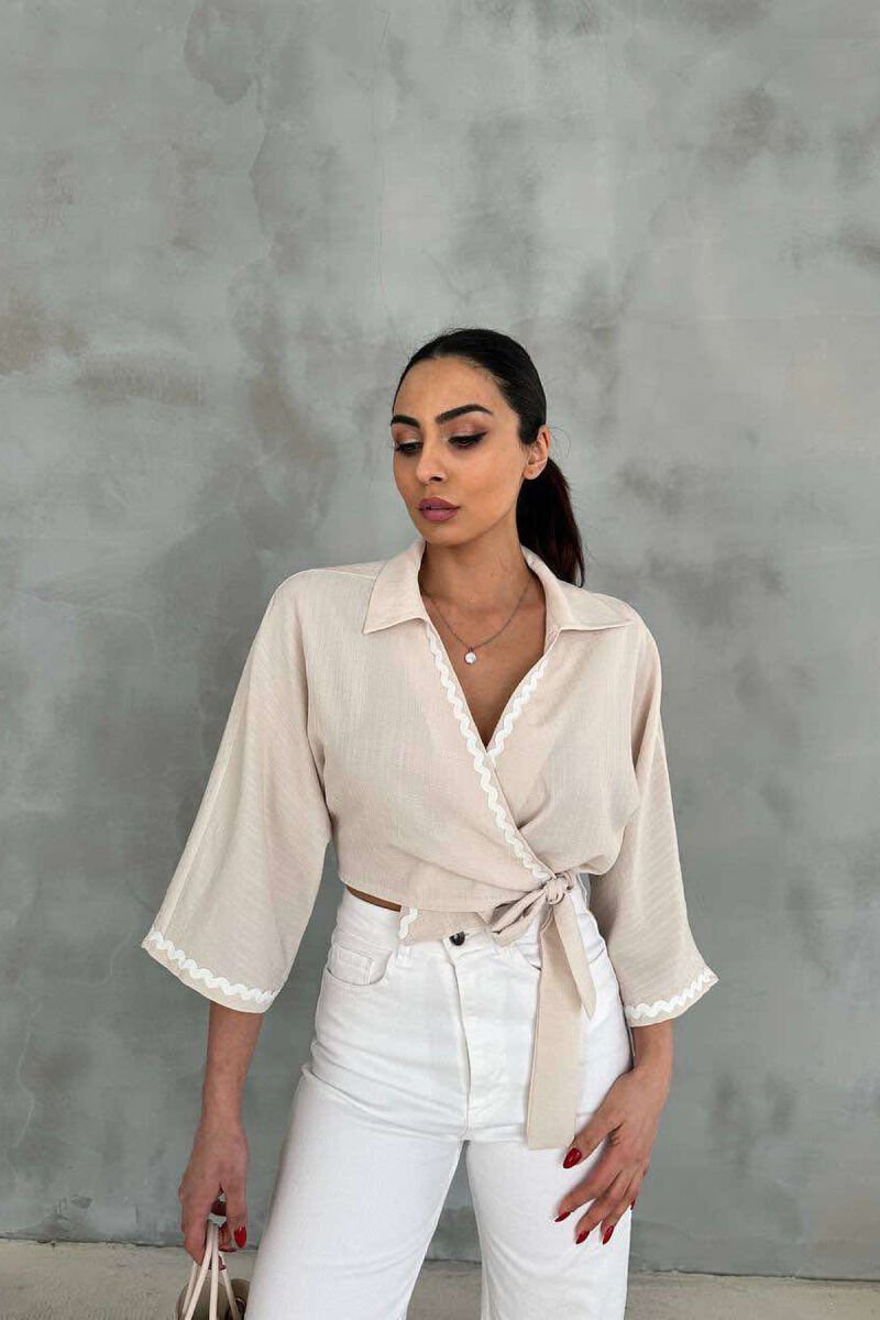 LACING DETAIL CROPPED WOMEN SHIRT CREAM/KREM - 3