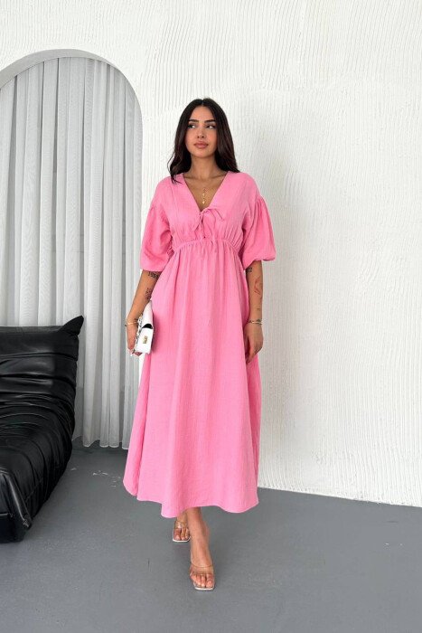 LACING DETAIL HALF SLEEVES LONG WOMEN DRESS PINK/ROZE - 1