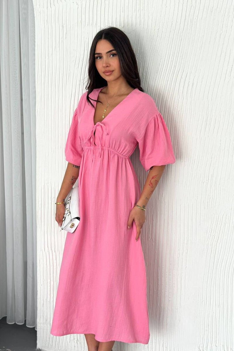 LACING DETAIL HALF SLEEVES LONG WOMEN DRESS PINK/ROZE - 2