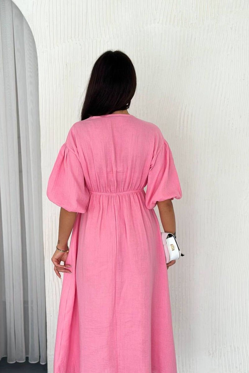 LACING DETAIL HALF SLEEVES LONG WOMEN DRESS PINK/ROZE - 3