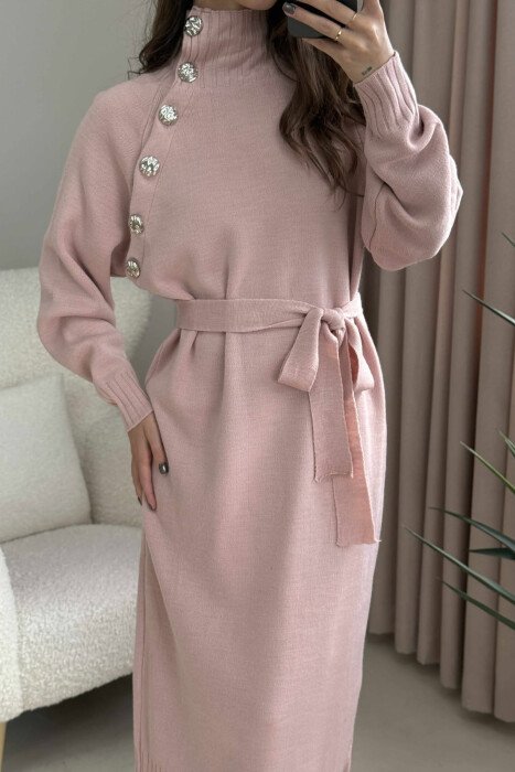 LACING DETAIL HIGH NECK BUTTONS WOMEN DRESS POWDER/PUDER - 4