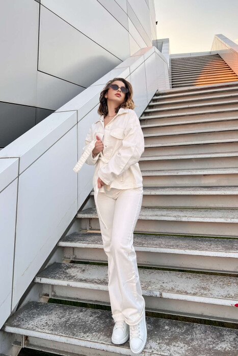 LACING DETAIL JACKET+JEANS DENIM WOMEN SET WHITE-E BARDHE - KLAUDIO FASHION