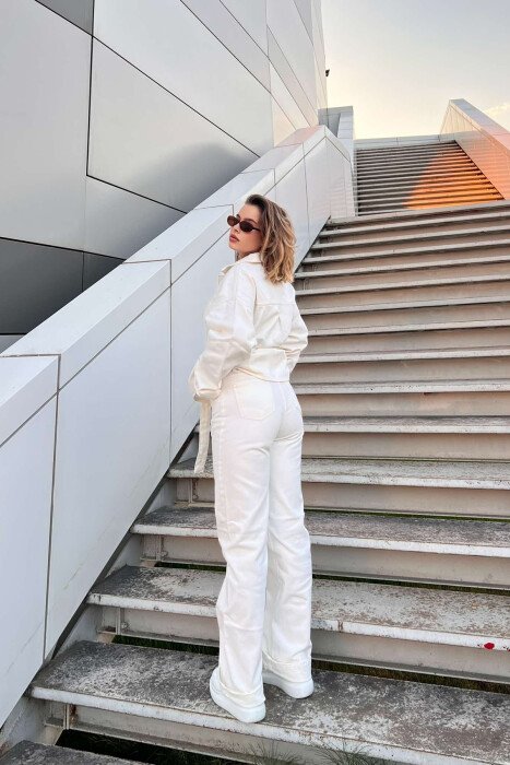 LACING DETAIL JACKET+JEANS DENIM WOMEN SET WHITE-E BARDHE - 4