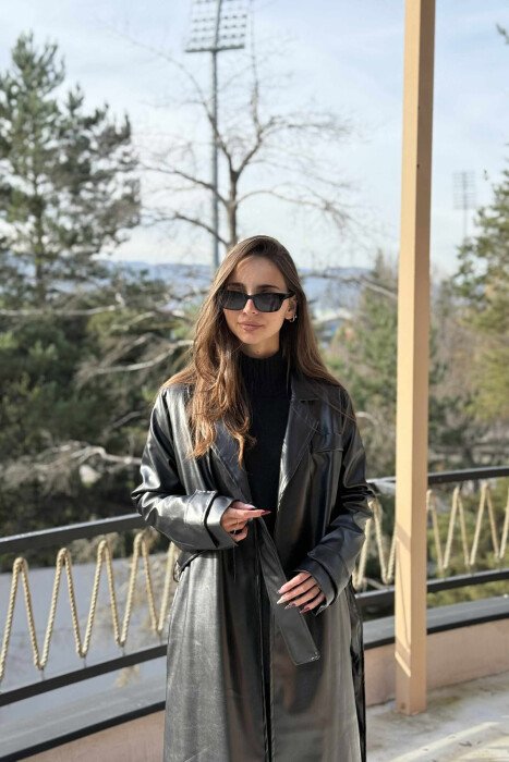 LACING DETAIL LONG LEATHER WOMEN JACKET BLACK/ E ZEZE - 3