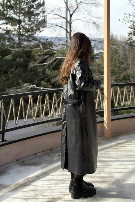 LACING DETAIL LONG LEATHER WOMEN JACKET BLACK/ E ZEZE - 6