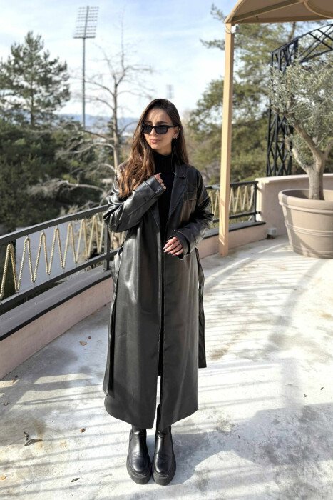 LACING DETAIL LONG LEATHER WOMEN JACKET BLACK/ E ZEZE - KLAUDIO FASHION