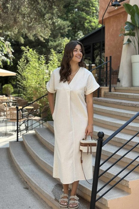 LACING DETAIL LONG WOMEN DRESS CREAM/KREM - 1