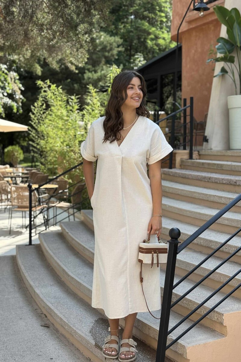 LACING DETAIL LONG WOMEN DRESS CREAM/KREM - 1