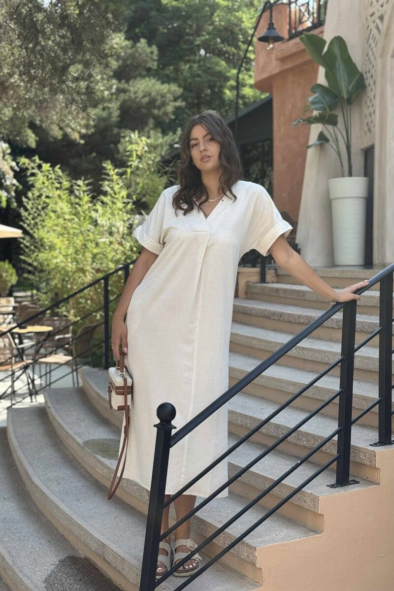 LACING DETAIL LONG WOMEN DRESS CREAM/KREM - 2