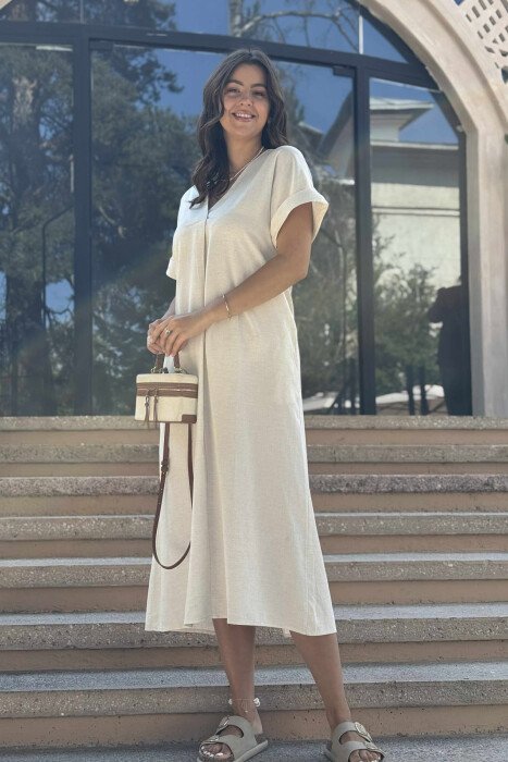 LACING DETAIL LONG WOMEN DRESS CREAM/KREM - 3
