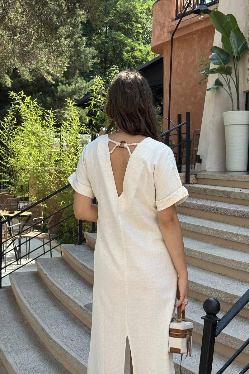 LACING DETAIL LONG WOMEN DRESS CREAM/KREM - 4