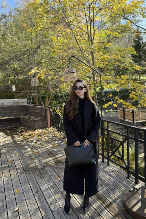 LACING DETAIL ONE COLOR LONG WOMEN COAT BLACK/ E ZEZE - KLAUDIO FASHION