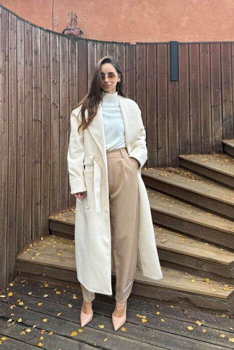 LACING DETAIL ONE COLOR LONG WOMEN COAT CREAM/KREM - KLAUDIO FASHION